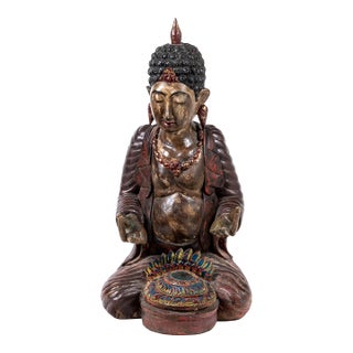Antique Painted and Gilt Carved Seated Buddha Sculpture For Sale