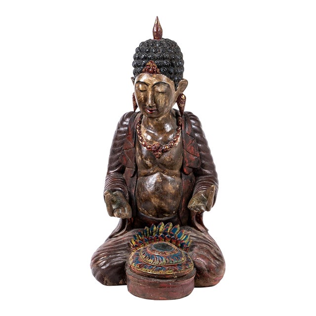 Antique Painted and Gilt Carved Seated Buddha Sculpture For Sale