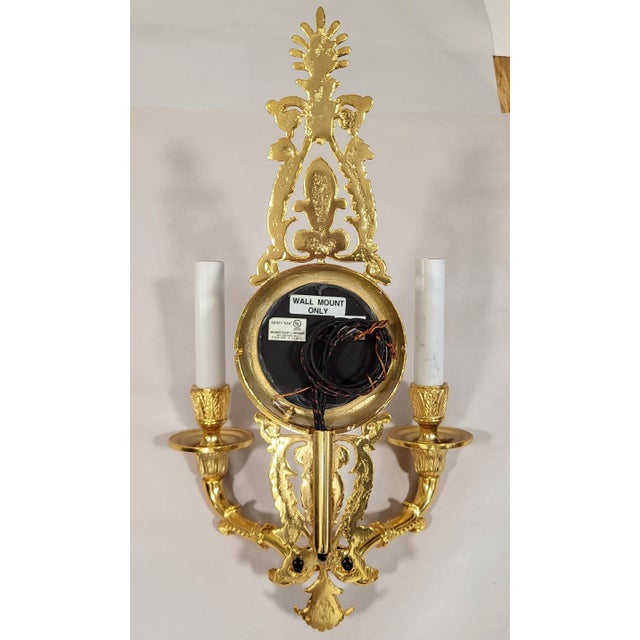 Late 20th Century French Neoclassical Empire Style Gilt Bronze Two Light Wall Sconces W. Mirrors - a Pair For Sale - Image 15 of 17