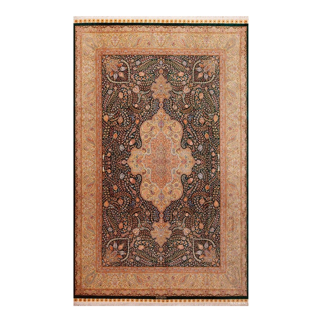 Nazmiyal Collection 1950s Floral Design Vintage Persian Silk Qum Rug For Sale