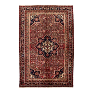 Vintage Hamadan Hand-Knotted Wool Rug With Geometric Medallion – Red & Navy For Sale