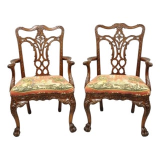 Late 20th Century Maitland Smith Georgian Carved Mahogany Needlepoint Dining Arm Chairs - A Pair For Sale