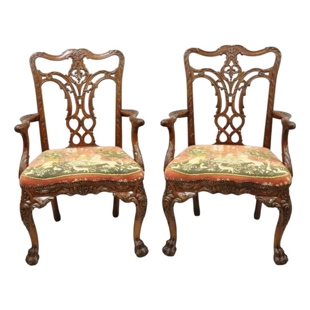 Late 20th Century Maitland Smith Georgian Carved Mahogany Needlepoint Dining Arm Chairs - A Pair For Sale