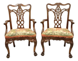 Late 20th Century Maitland Smith Georgian Carved Mahogany Needlepoint Dining Arm Chairs - A Pair