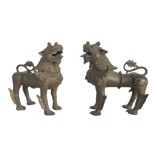 Antique Nepalese Bronze Buddhist Lions - a Pair For Sale