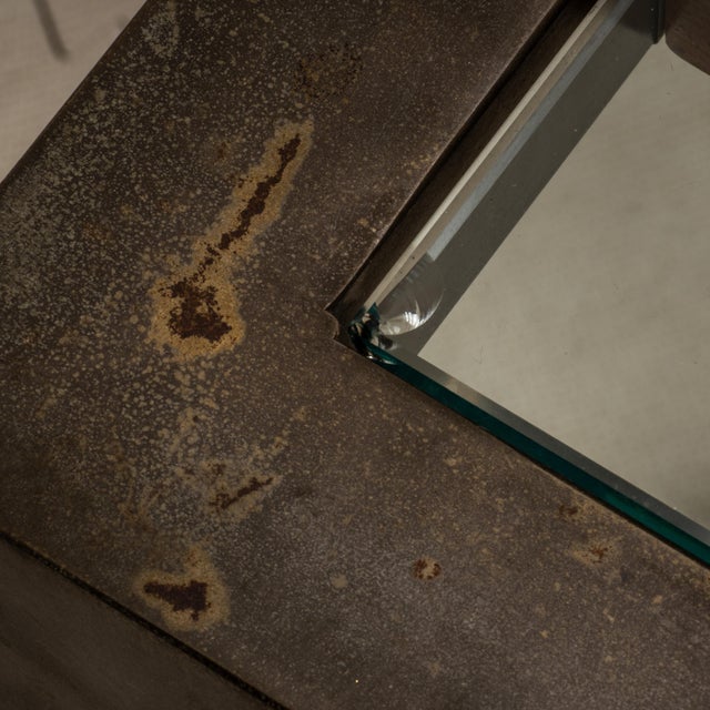 Vintage Brutalist Iron, Brass & Wood Console Table W/ Thick Beveled Glass Insert For Sale - Image 16 of 18
