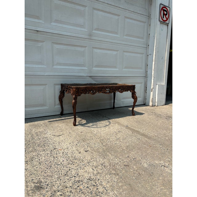 Spanish Revival Early 20th Century Spanish Revival Carved Walnut Coffee Table With Bird Motif, Baroque Style For Sale - Image 3 of 10