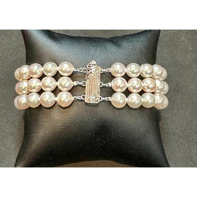 Metal 8mm Akoya Japanies Pearl Triple Strand Bracelet, Sterling Silver Clasp, 8 Inch For Sale - Image 7 of 18