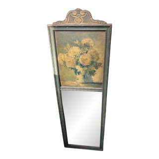 Antique Trumeau Mirror With Hand Carved Details and Printed Chrysanthemum Artwork by M. Streckenbach For Sale