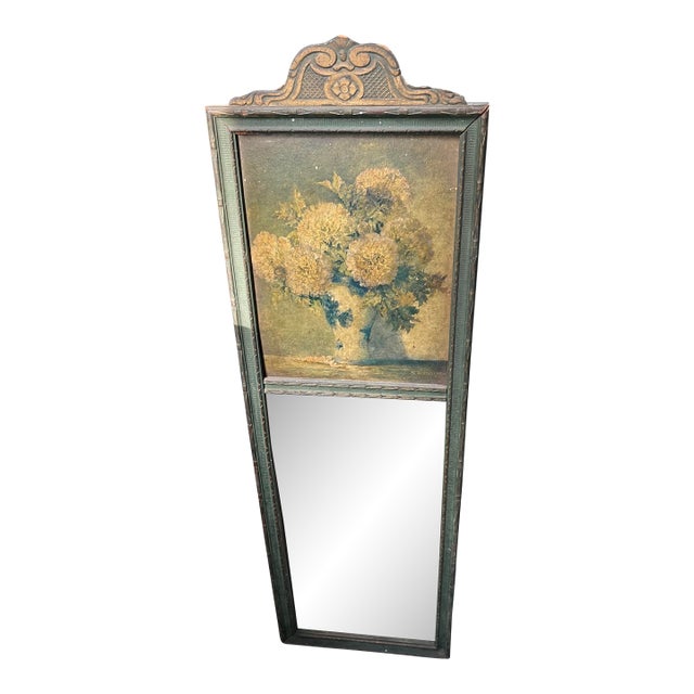 Antique Trumeau Mirror With Hand Carved Details and Printed Chrysanthemum Artwork by M. Streckenbach For Sale