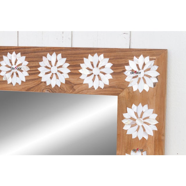 1990s Square Reclaimed Teak Blossom Mother of Pearl Inlay Mirror For Sale - Image 5 of 8