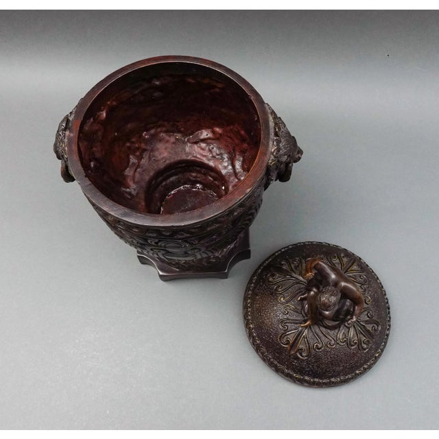 Bronze Mid 20th Century Maitland Smith Vintage Bronze Cherub Lidded Large Urn Compote Lion Handles For Sale - Image 8 of 11