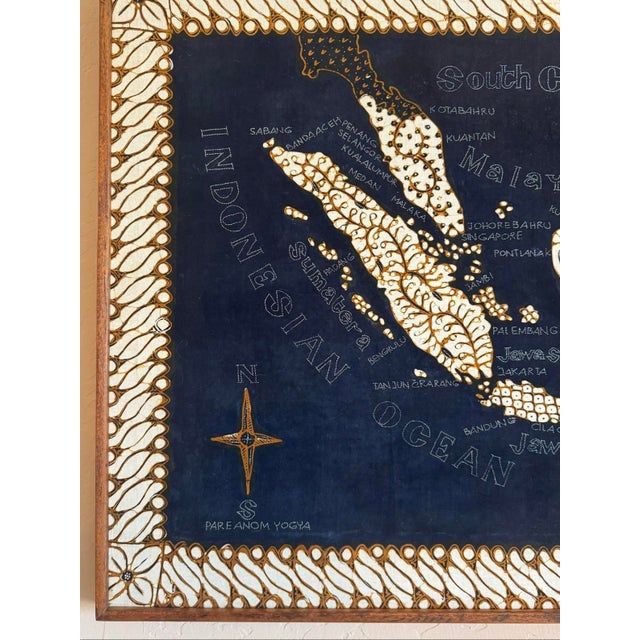 1970s Wood Framed Batik Fabric Wall Map Malaysia Indonesia Pacific Ocean For Sale - Image 4 of 11