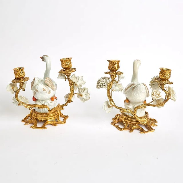 Pair of Mottahedeh Porcelain Swan-Form Two-Light Candelabra For Sale - Image 4 of 5