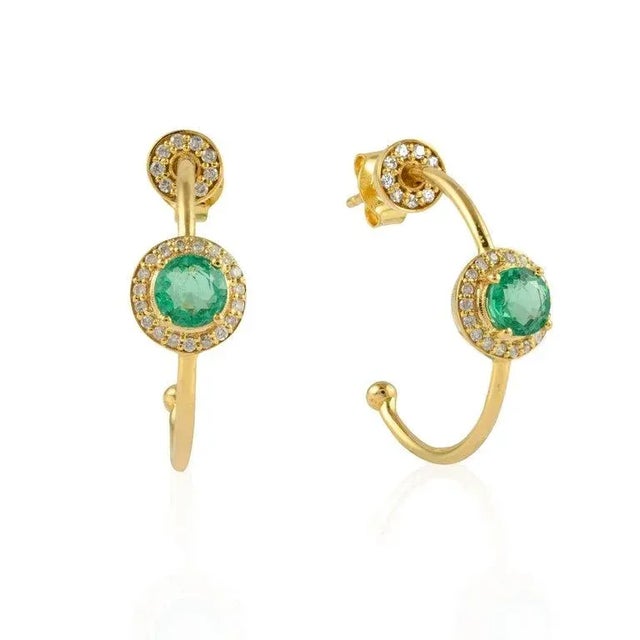 Not Yet Made - Made To Order 14k Gold Genuine Emerald Diamond Halo C-Hoop Wedding Earrings Gift- A Pair For Sale - Image 5 of 10