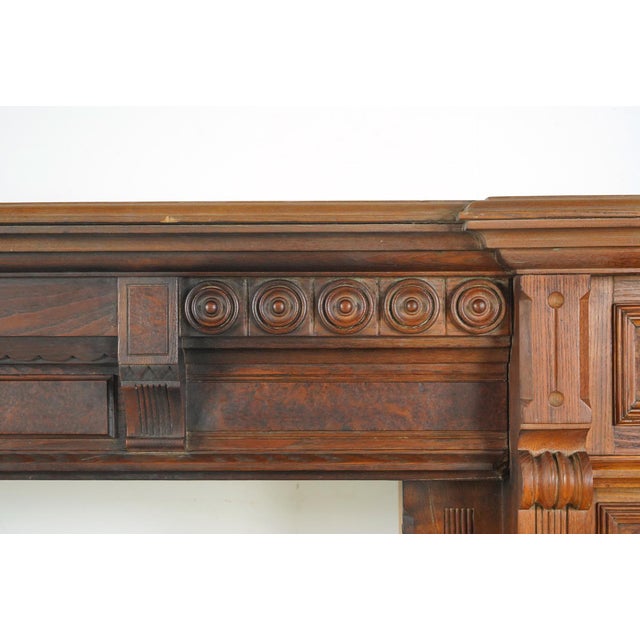 Antique Victorian Burl Veneer Paneled Oak Fireplace Mantel For Sale - Image 6 of 16