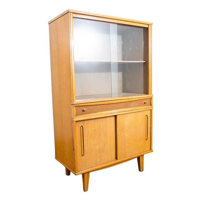 1960s Mid Century Modern China Cabinet Hutch Meier Pohlmann Blonde Glass Doors Vintage For Sale