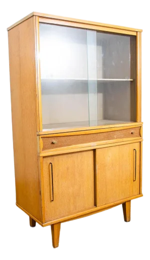 1960s Mid Century Modern China Cabinet Hutch Meier Pohlmann Blonde Glass Doors Vintage