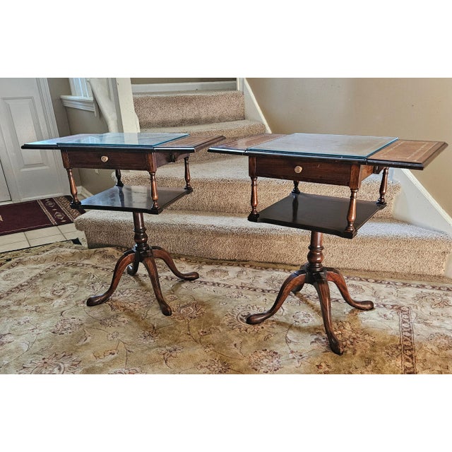 Chippendale Pair English Chippendale Style Mahogany Drop-Leaf Leather Top Side End Tables For Sale - Image 3 of 12