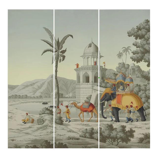 Early View of India Panoramic Hand Painted Wallpaper on Scenic Paper Murals For Sale