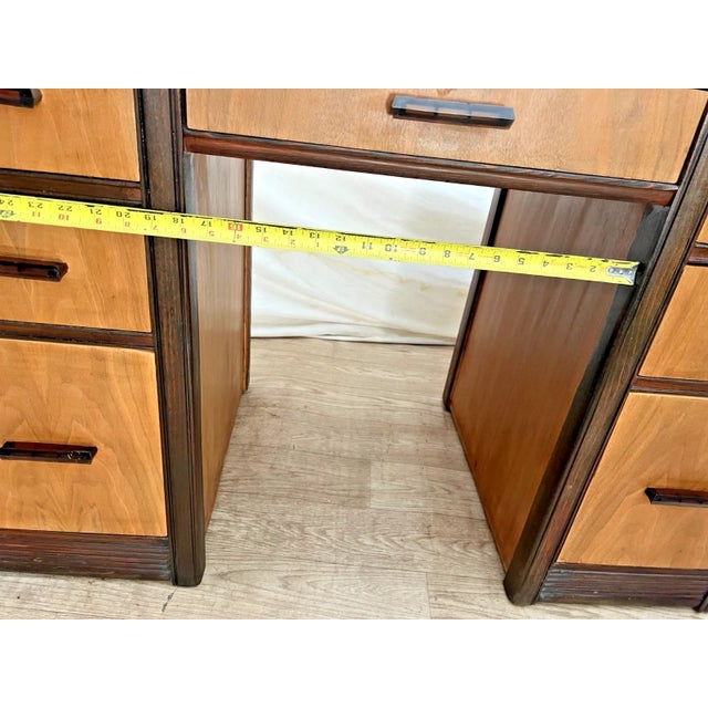 Vintage Art Deco Desk, Waterfall Top, Seven Drawers With Bakelite Pulls, Walnut For Sale - Image 9 of 12