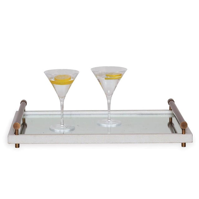 Contemporary Port 68 Cairo Cream Faux Shagreen Mirrored Tray With Aged Brass Bamboo Handles For Sale - Image 3 of 4