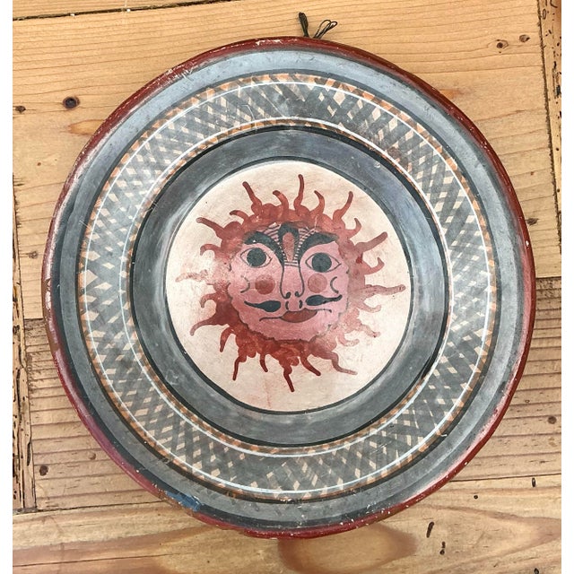 Terra Cotta Vintage Hand Painted Sun Plate For Sale - Image 8 of 12