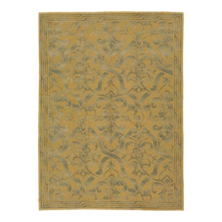 Handmade Needlepoint Wool & Silk Rug in Green and Gold Color With Allover Design For Sale