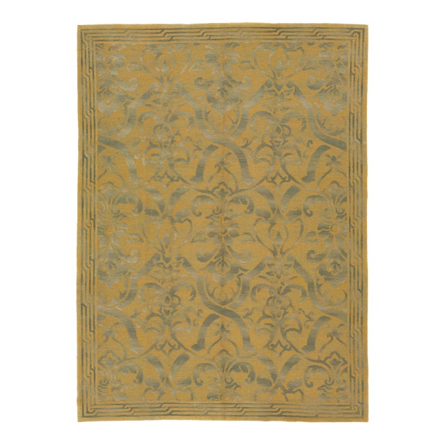Handmade Needlepoint Wool & Silk Rug in Green and Gold Color With Allover Design For Sale