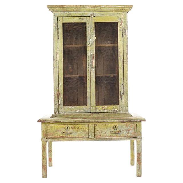 Glass Cabinet with 2 Drawers in Patinated Wood For Sale