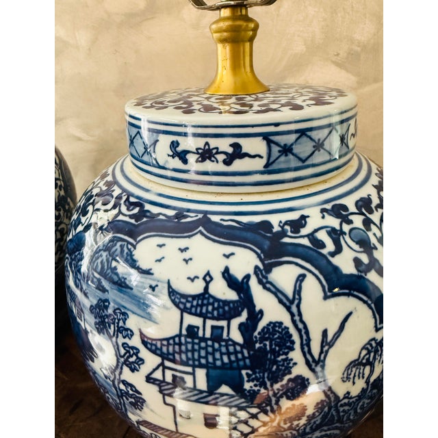 Vintage Chinoiserie Blue and White Ginger Jar Pagoda Lamps - A Pair For Sale - Image 4 of 12
