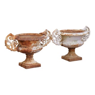 Pair of Early 20th Century French Painted Iron Chambord Garden Urn Planters For Sale