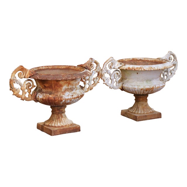 Pair of Early 20th Century French Painted Iron Chambord Garden Urn Planters For Sale