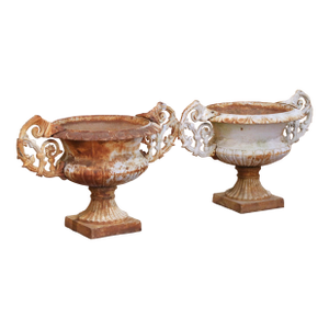 Pair of Early 20th Century French Painted Iron Chambord Garden Urn Planters