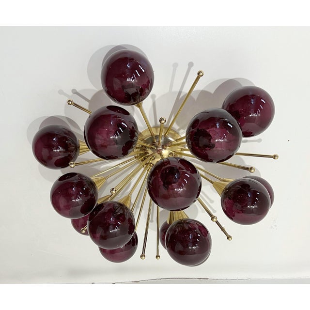 Italian sputnik flush mount with amethyst Murano glass globes carefully hand blown with bubbles inside the glass using...