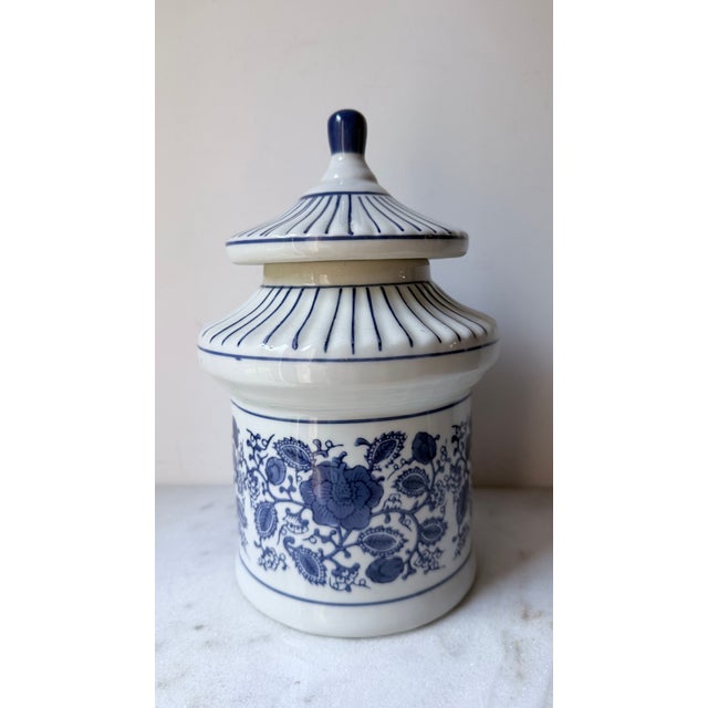 Asian- Chinoiserie Floral Body Paired With a Striped Pagoda Roof Lid Canister For Sale In Greensboro - Image 6 of 9