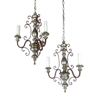 Pair of Italian Silvered Wood & Iron Chandeliers For Sale