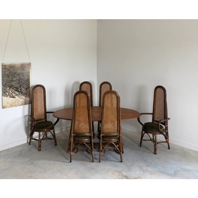 Dirk Van Sliedregt 1960s Rattan + Cane Dining Chairs + Dark Moss Green Down Seat Cushions, Set of 8 For Sale - Image 4 of 14