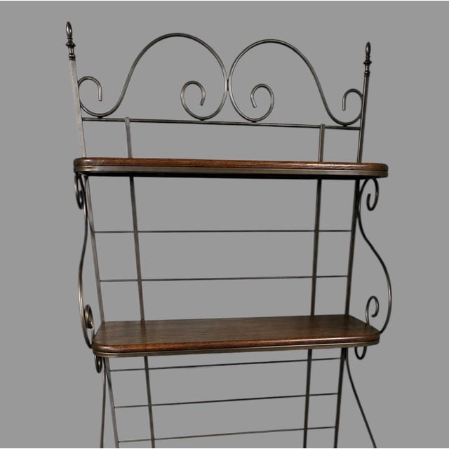 Farmhouse Metal Bakers Rack Wood Shelves Scrollwork Display Shelf Bookcase Plant Stand For Sale - Image 3 of 7