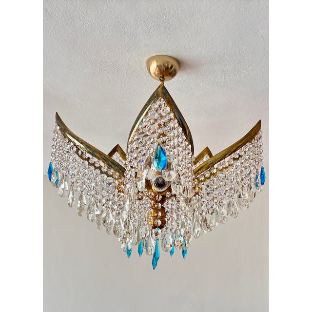1960s Mid-Century Modern Crystal Chandelier With Aqua Blue Drops - Solid Brass Leaf Design Lighting - Rewired & Working⁠ For Sale - Image 15 of 18