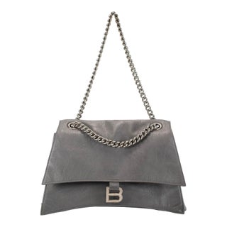 Balenciaga Gray Leather Silver Hardware Crush Chain Medium Flap Shoulder Bag For Sale