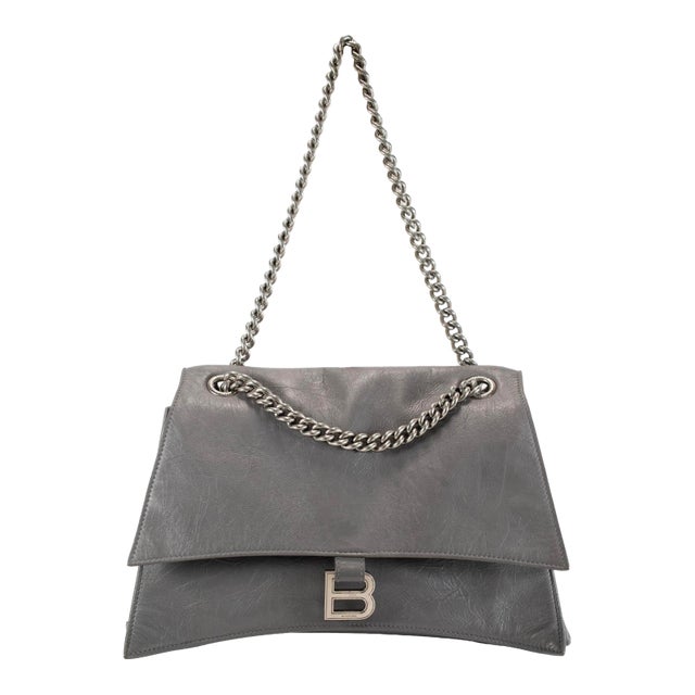 Balenciaga Gray Leather Silver Hardware Crush Chain Medium Flap Shoulder Bag For Sale