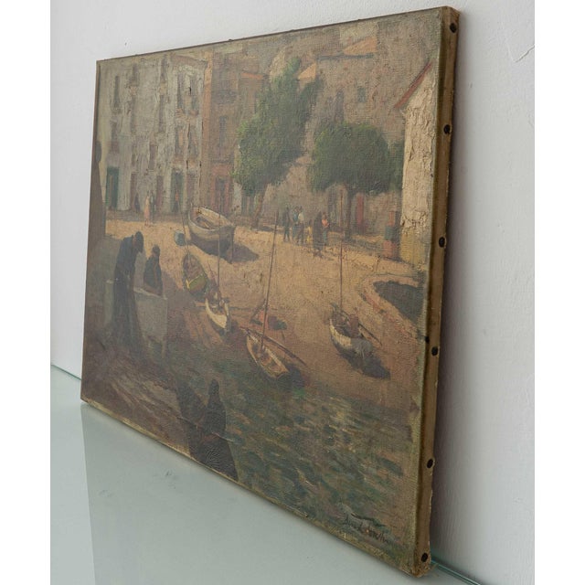 Spanish School, Mediterranean Fishing Village Harbor Coastal Landscape with Boats and Fishermen, 1910s, Oil on Canvas For Sale - Image 13 of 15