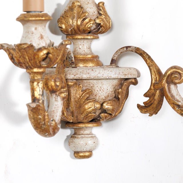 White Vintage 20th Century Pair Italian Painted and Parcel Gilt Hand Carved Wooden 2-Light Sconces For Sale - Image 8 of 10