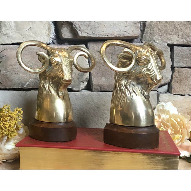 Ram Book Ends Brass Wood Base Goat Bookends Vintage a Pair Chairish
