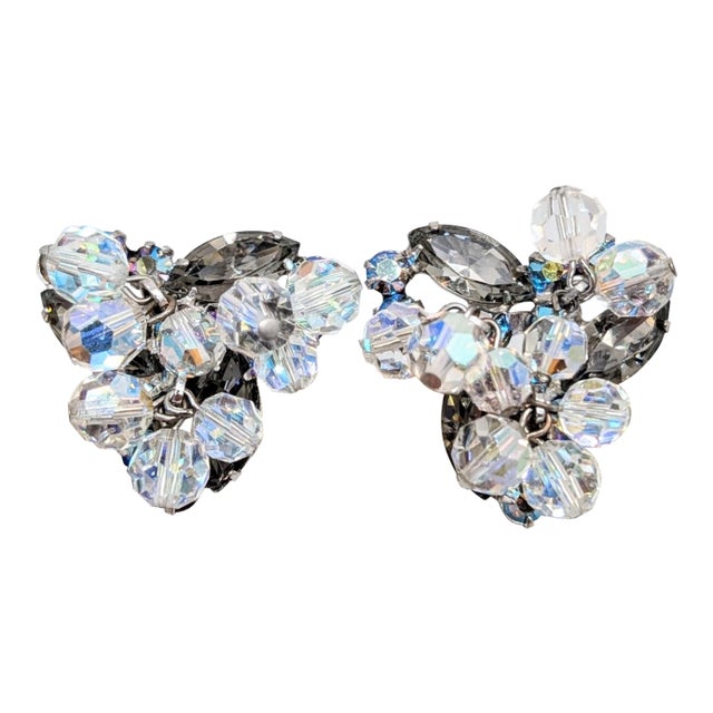 Vintage 1960s Verified Delizza & Elster Faux-Black Diamond With Aurora Borealis Bead Dangles Clip Earrings-2 Pieces For Sale