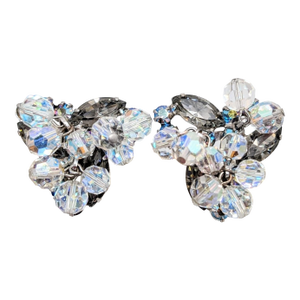 Vintage 1960s Verified Delizza & Elster Faux-Black Diamond With Aurora Borealis Bead Dangles Clip Earrings-2 Pieces