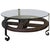 Wooden Wagon Wheel Indutrial Accent Spanish Table With Glass Top For Sale - Image 11 of 11