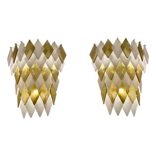 Murano Glass Wall Sconces in Gold and White Rhombuses, Set of 2 For Sale