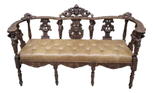 Antique Italian Renaissance Revival Ornate Figural Tufted Parlor Bench Newly Reupholstered in Leather